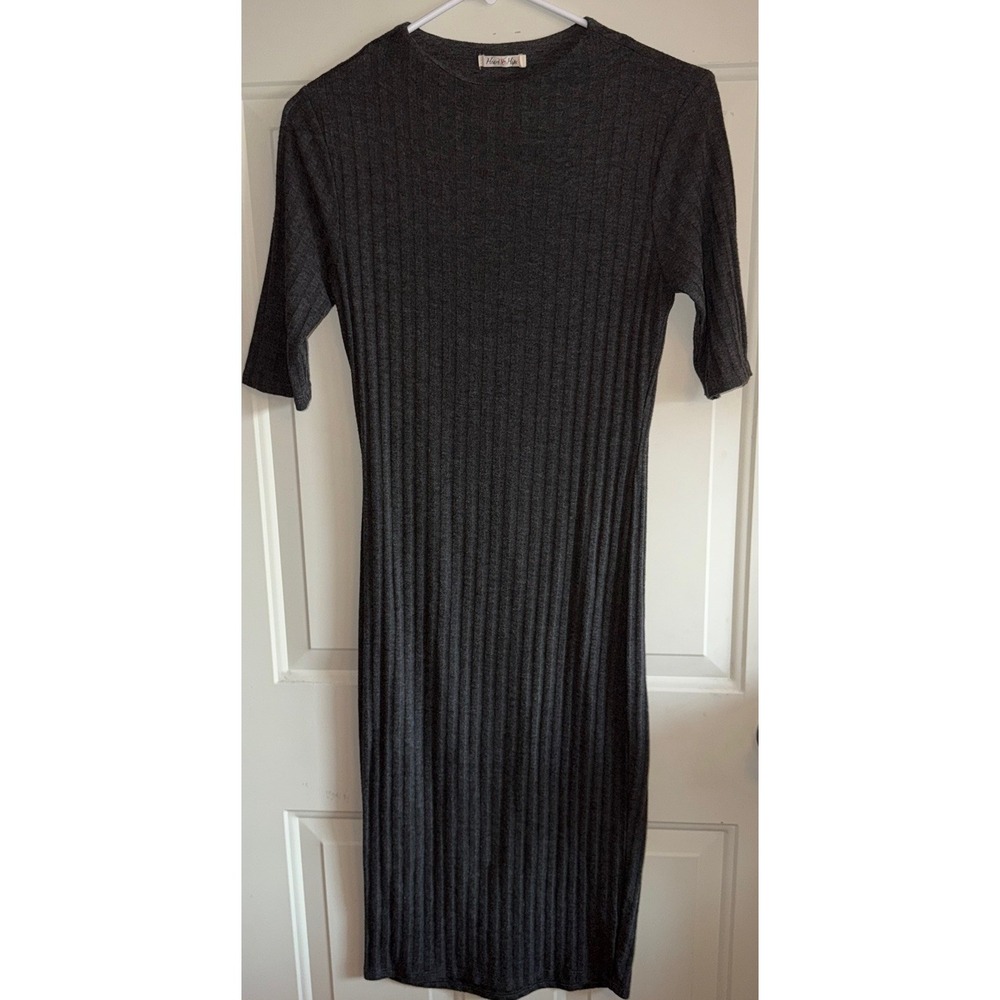 Heart Hips Gray Ribbed Midi Sweater Dress Womens Medium Stretch Bodycon